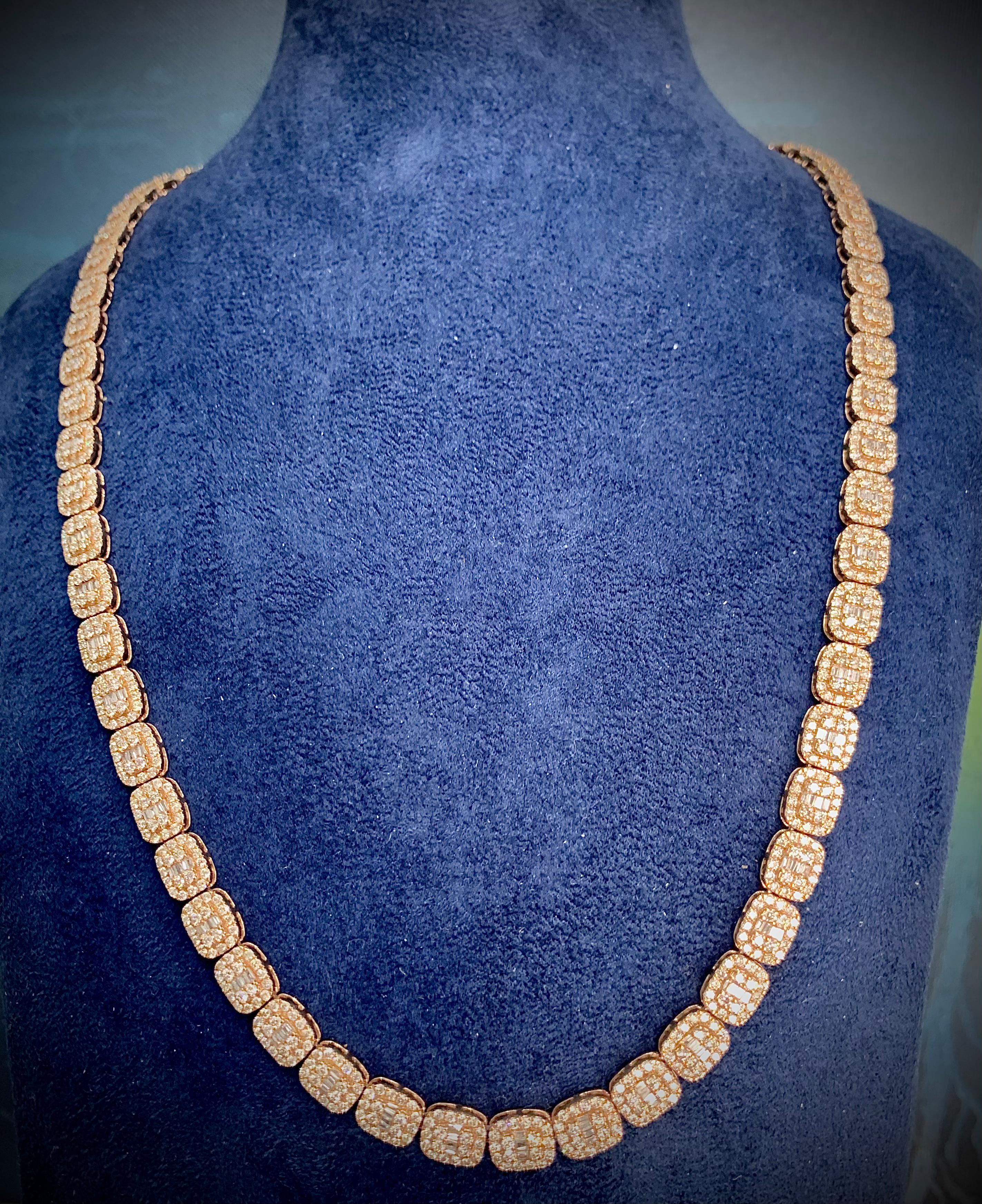 8mm 22 Inch 20.15 Carat F/VS Natural Baguette and Round Cut Diamond Cushion Shape Tennis Necklace in 9k Rose Gold