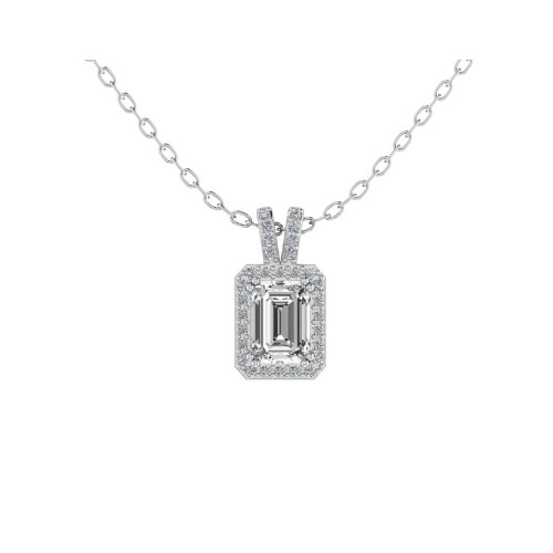 0.5 Ct Natural Diamond Emerald Cut Treya Halo Pendant Necklaces in 9K White Gold