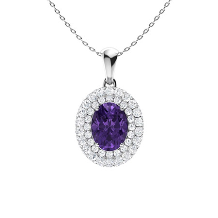 0.85 Ct Amethyst Oval Cut Quetzalli  Birthstone Diamond Pendants Necklaces in 9K White Gold
