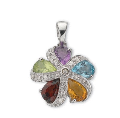 0.12 Carat Pear Shaped Multicoloured Gemstone And Round Diamond Set Flower Pendant