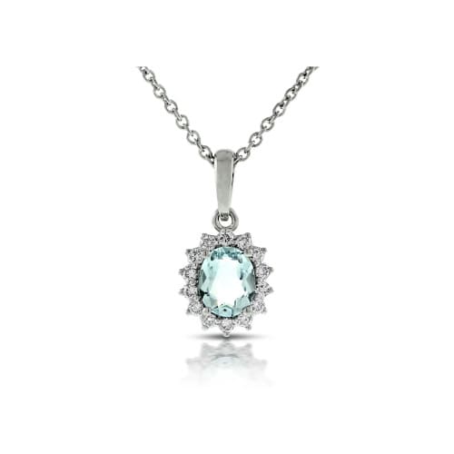 0.75 Carat Oval Shaped Aquamarine With Round Diamond Set Halo Gemstone Pendant