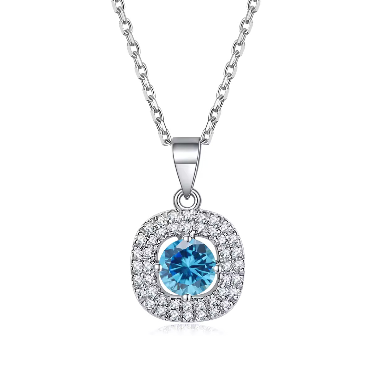 1.00 Carat Round Shaped Aqua Marine With Double Halo Diamond Set Pendant