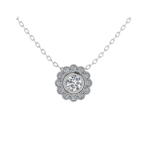 0.1 Ct Natural Diamond Round Cut Tiona  Halo Pendant Necklaces in 9K White Gold