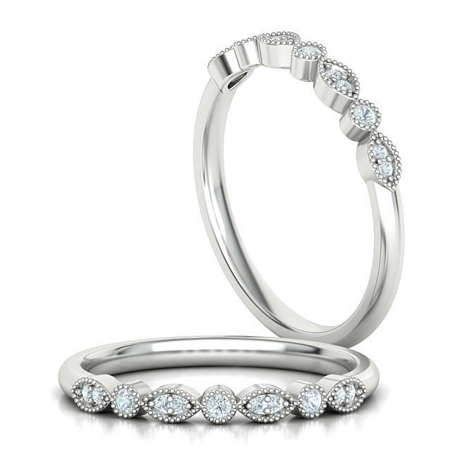 0.25 Carat F/SI Natural Round Cut Diamond in Round and Marquise Millgrain Set Vintage Half Eternity Ring in 9k White Gold