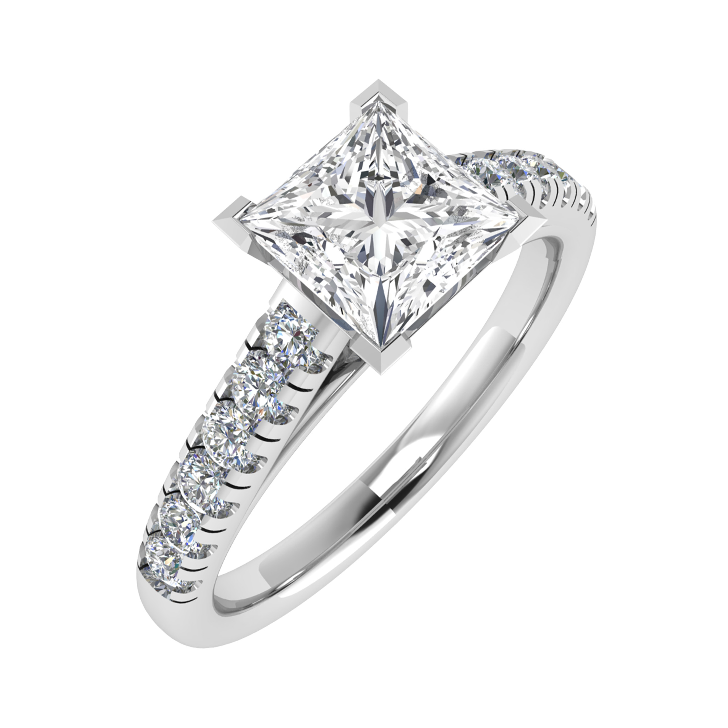 L Shaped Claw Princess Cut Side Stone Engagement Ring