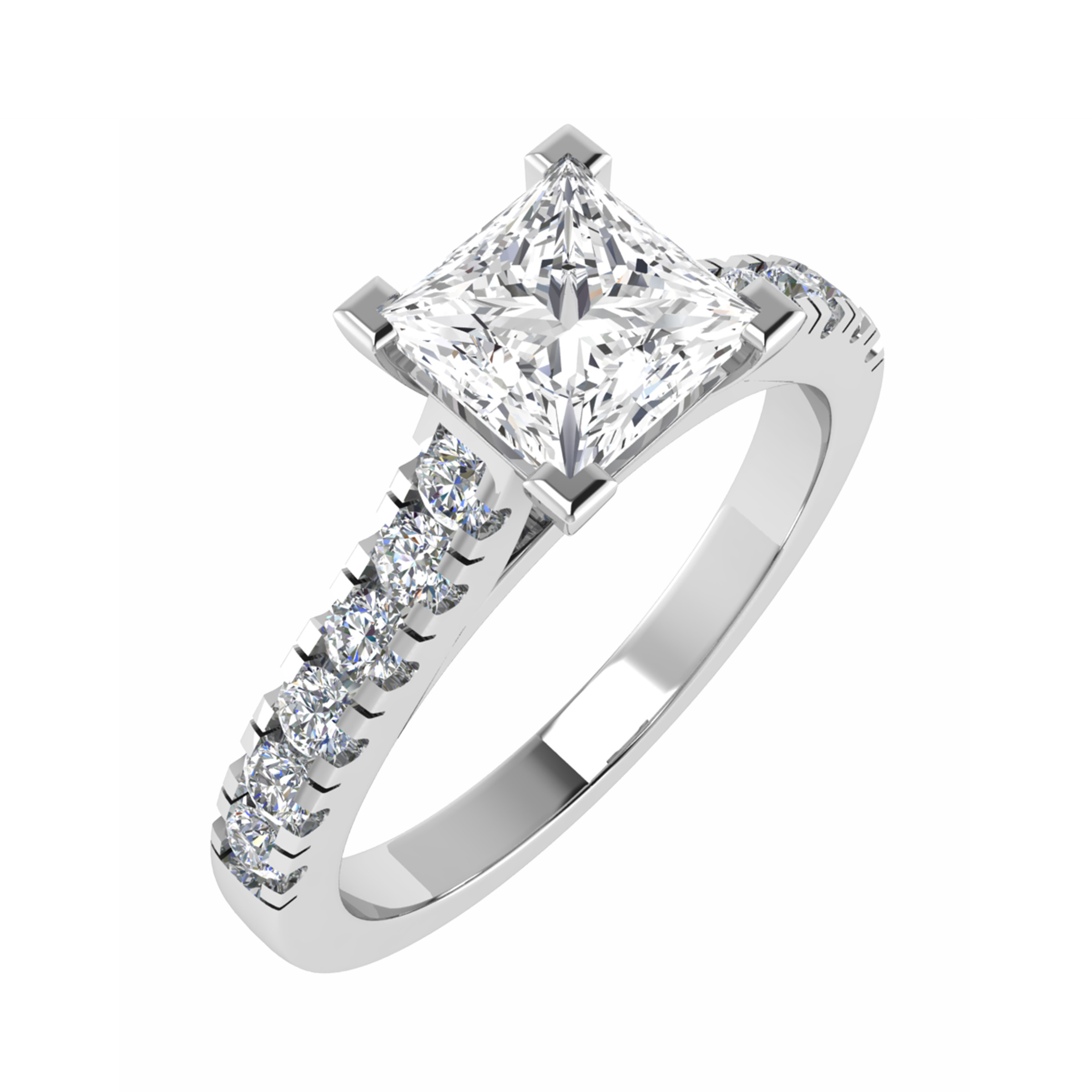 Classic 4 Claw Princess Cut Side Stone Engagement Ring
