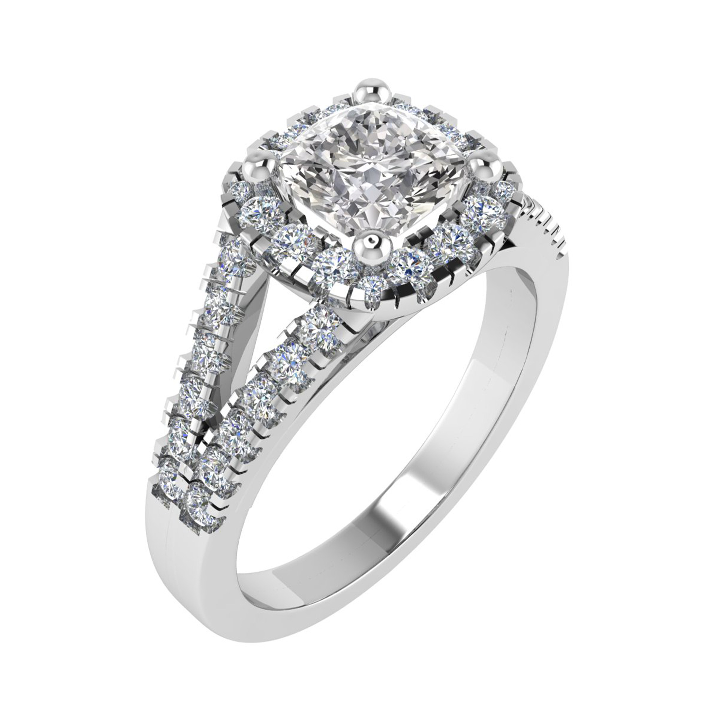 Rosemary Cushion cut Side Split Shoulder Halo Engagement Ring 