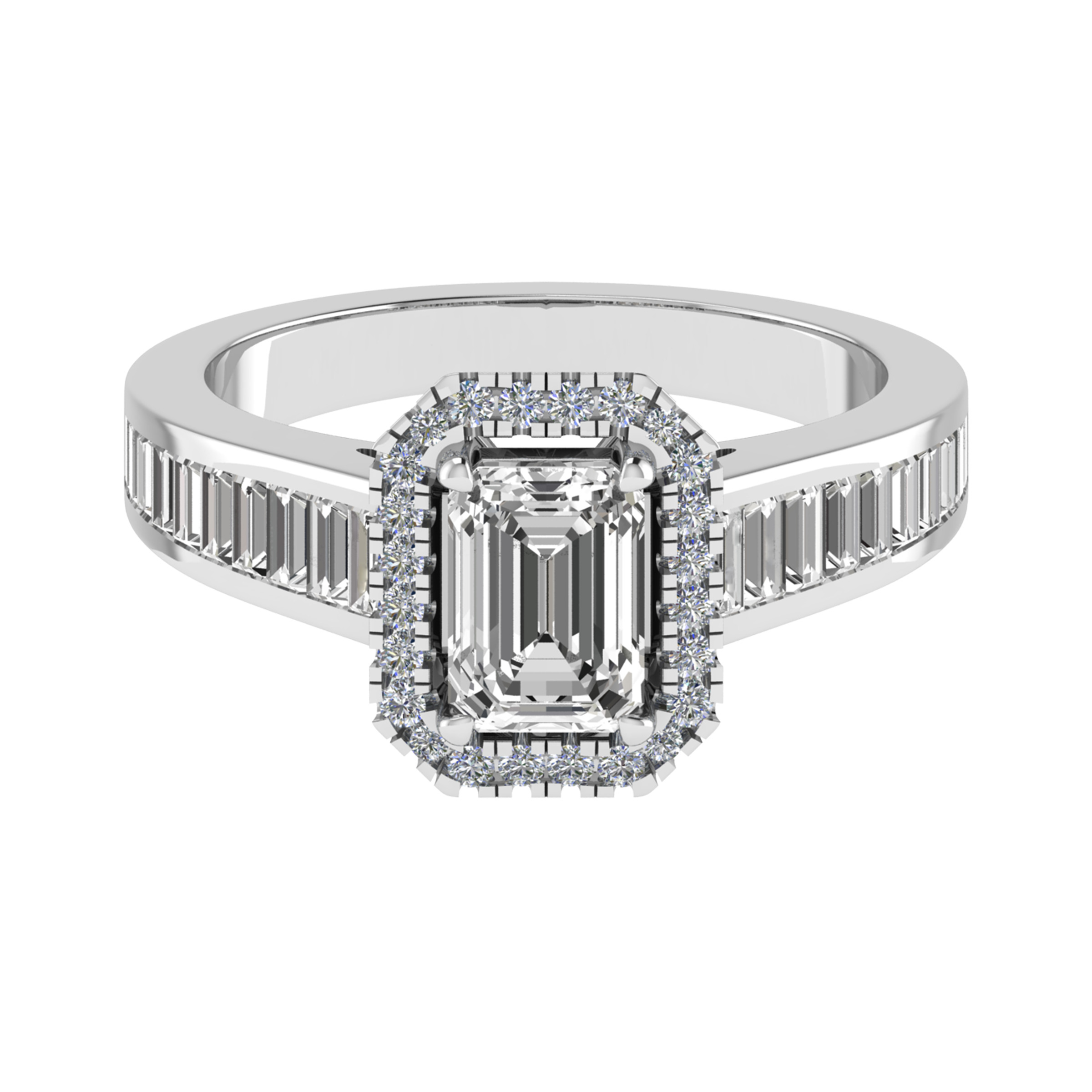 Sana Emerald Cut Halo Engagement Reverse Tapered Shoulder With Baguette Side Stone