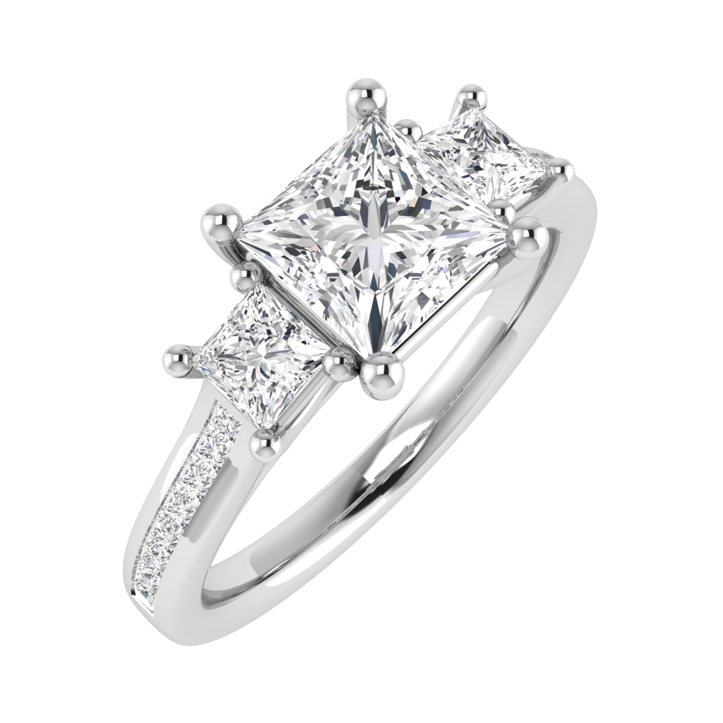 Natural Princess Cut Dinorah  3 Stone Ring Diamond Rings in 9K White Gold