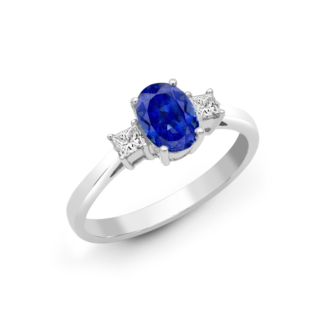 0.75 Blue Sapphire 3 Stone Ring with Princess Cut Diamond As A Side Stonr