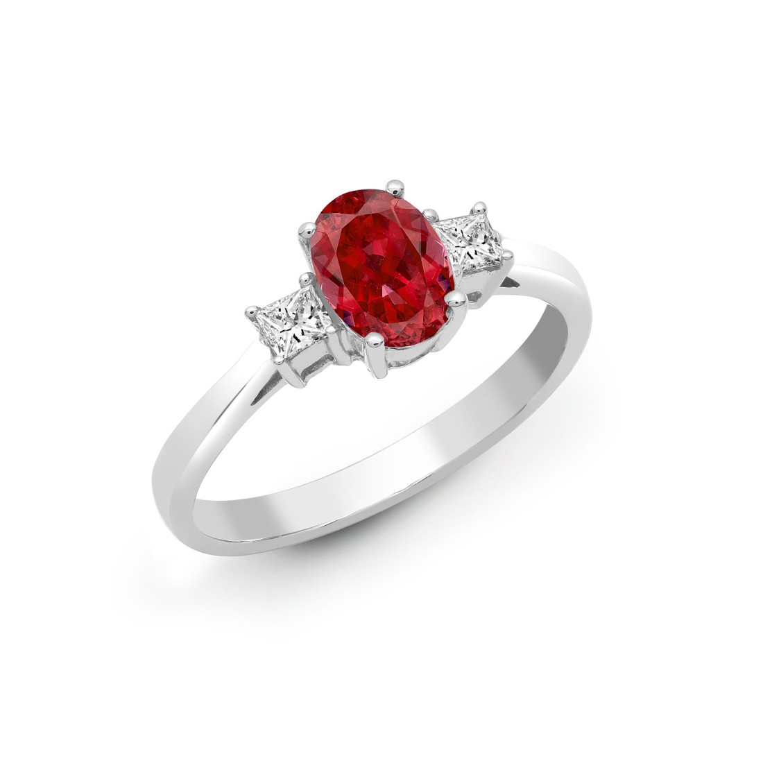 1.25 Carat Oval Cut Ruby In The Center and Princess Cut Stone In The Side