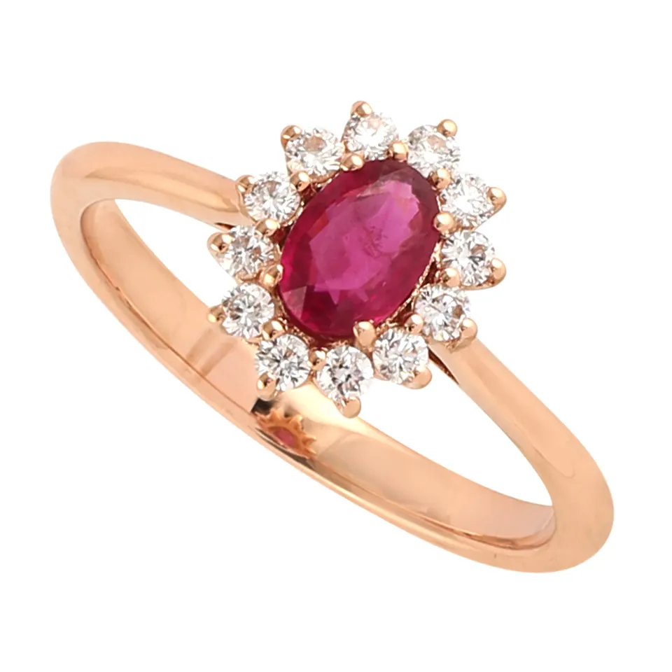 0.60 Carat 4 Prong Oval Shaped Ruby With Round Diamond Set Ring