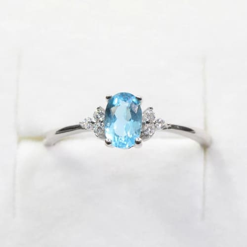0.8 Ct Aquamarine Oval Cut Baisley  Side Stone Diamond Rings in Silver 925