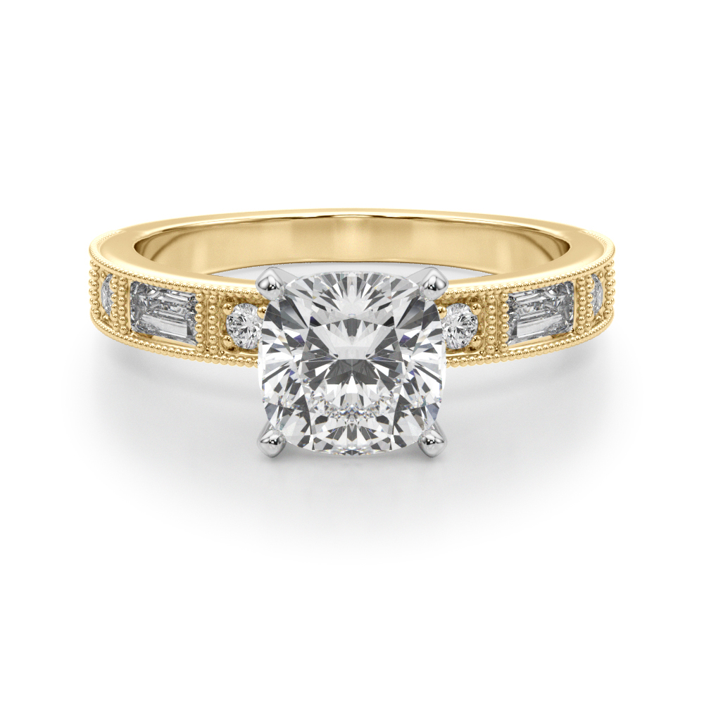 Steffni Lab Grown Diamond Yellow Gold 4 Prong Side Stone Engagement Ring