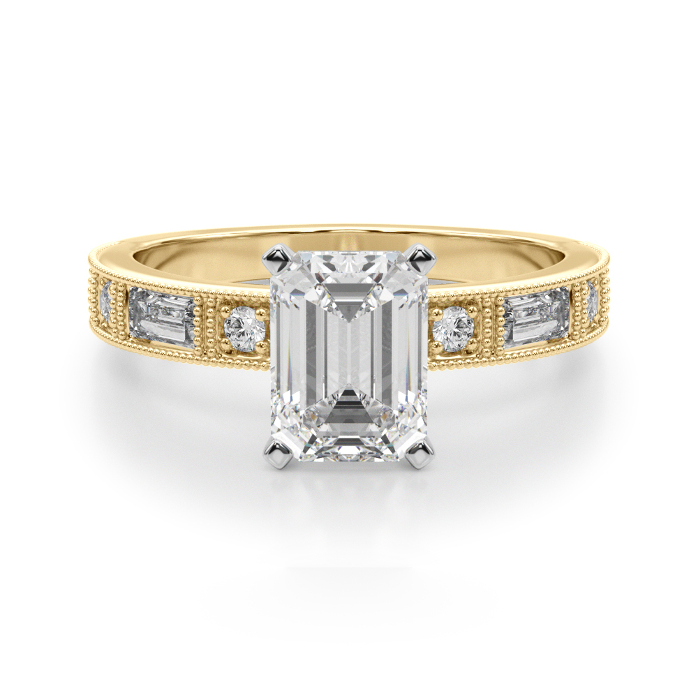 Steffni Lab Grown Diamond Yellow Gold 4 Prong Side Stone Engagement Ring