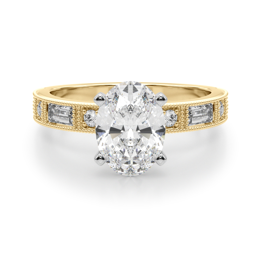 Steffni Lab Grown Diamond Yellow Gold 4 Prong Side Stone Engagement Ring