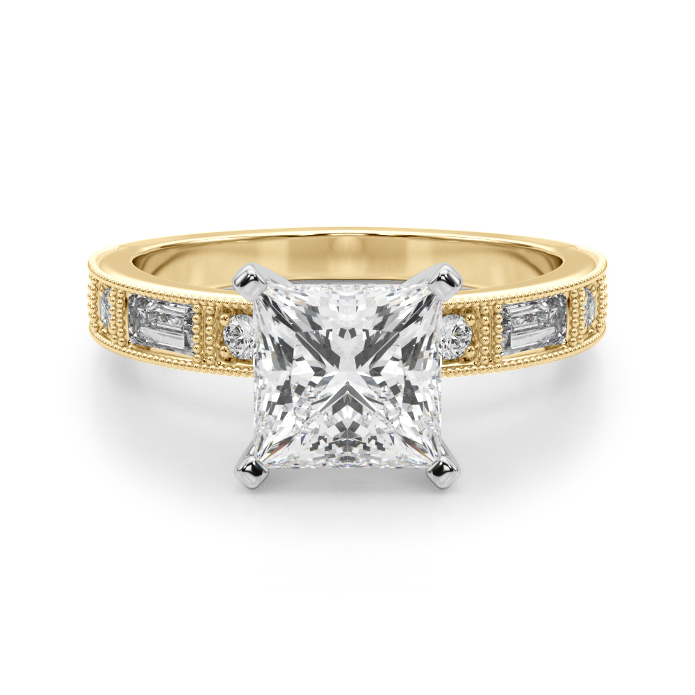 Steffni Lab Grown Diamond Yellow Gold 4 Prong Side Stone Engagement Ring