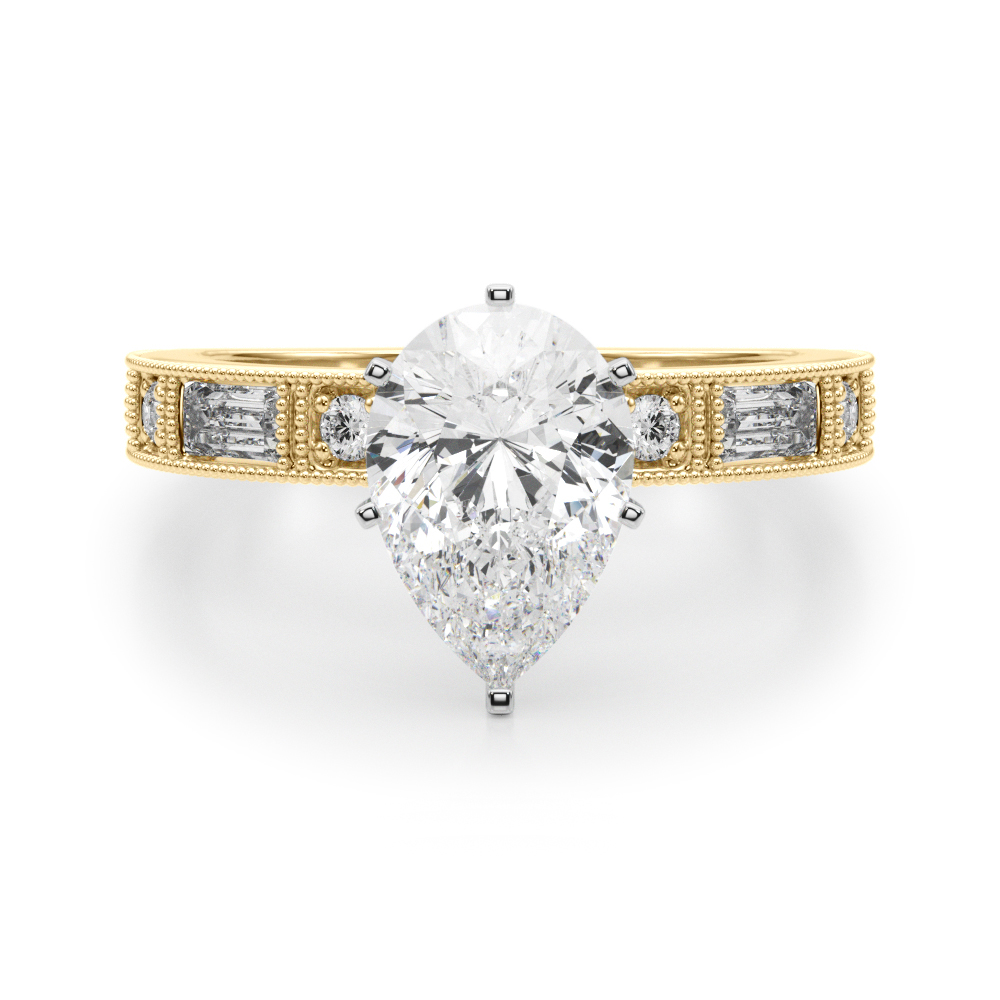 Steffni Lab Grown Diamond Yellow Gold 6 Prong Side Stone Engagement Ring