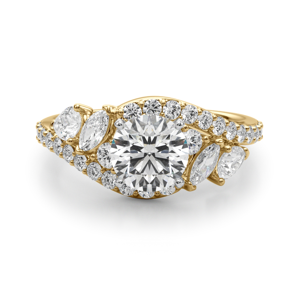 Fense Natural Yellow Gold 4 Prong Set Side Stone Diamond Ring