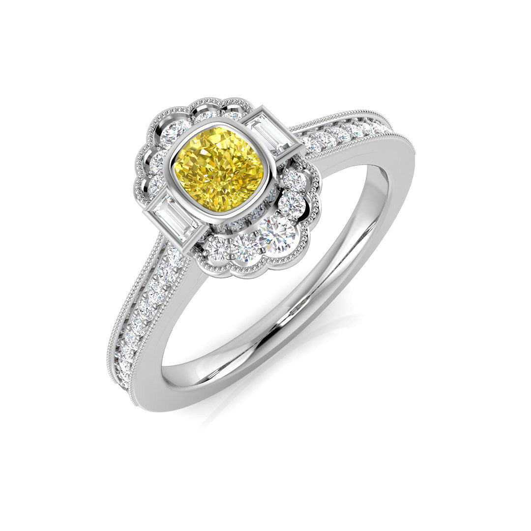 0.7 Ct Yellow Diamond Cushion Cut  in 18K White Gold