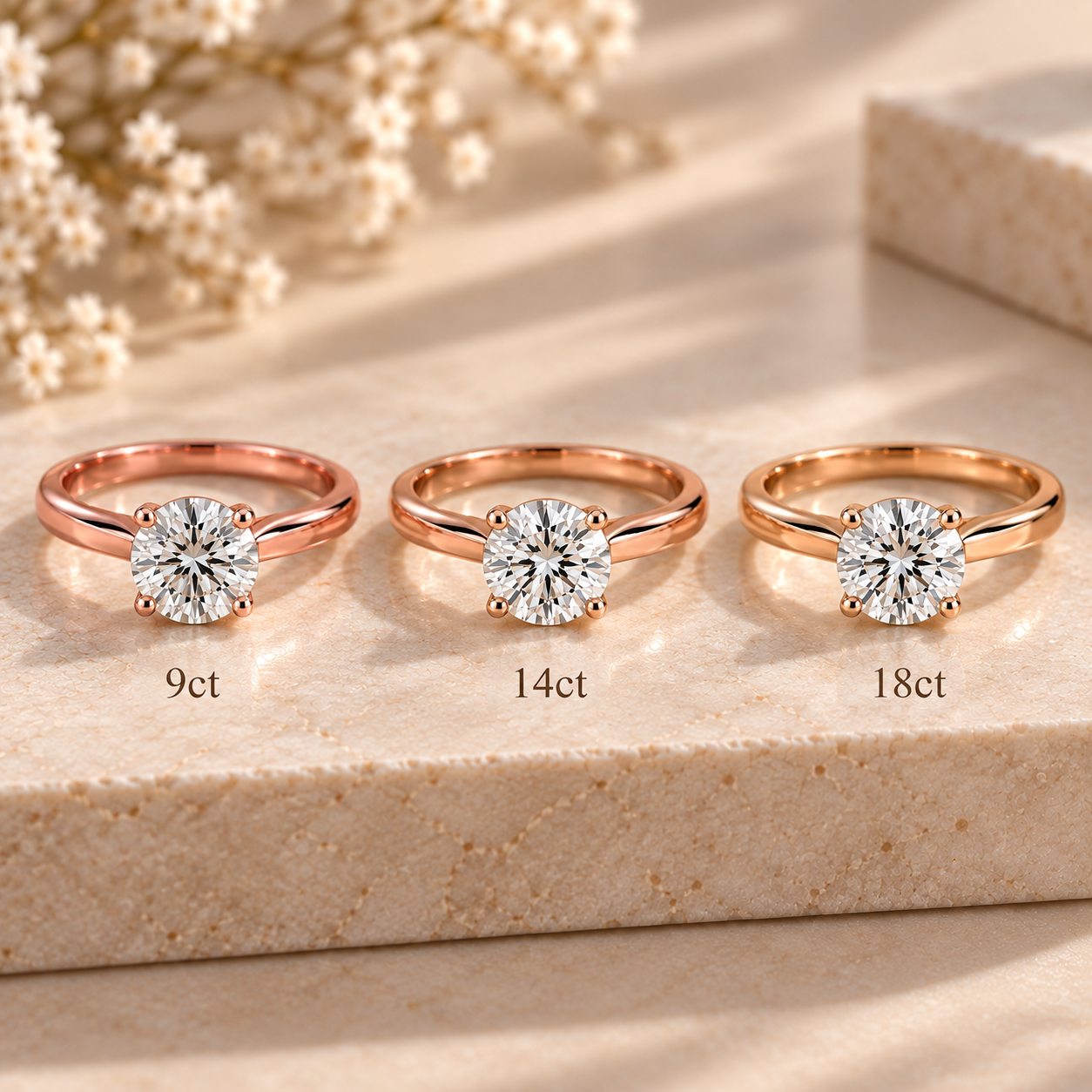 9ct and 18ct rose gold diamond rings compared