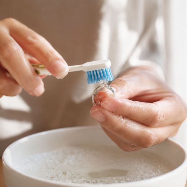 Cleaning a lab-grown diamond ring with soft brush and warm water — Sunshine Diamonds UK