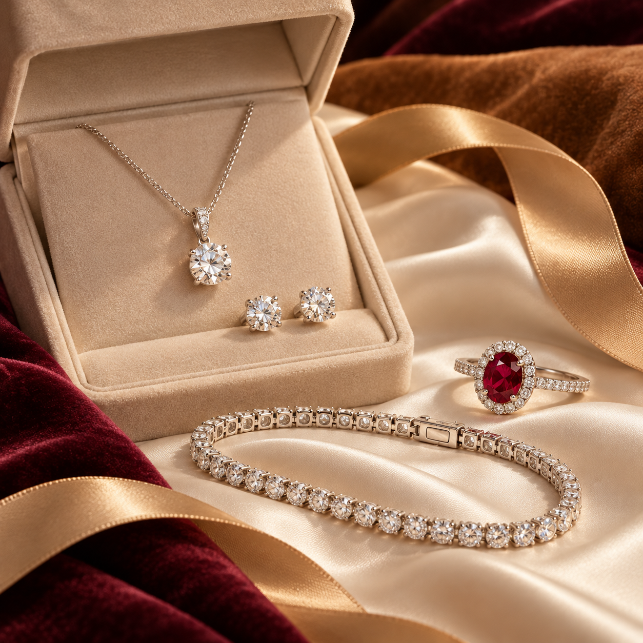 Diamond and gemstone jewellery presented as luxury autumn gifts