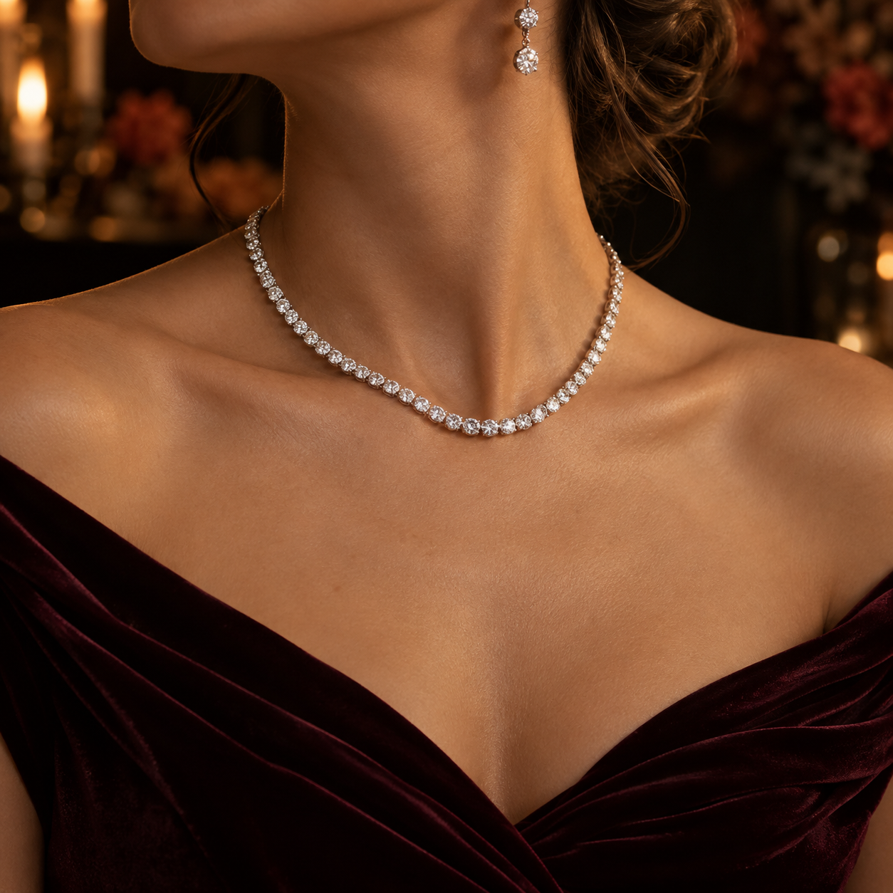 Diamond tennis necklace and earrings styled for an autumn evening occasion
