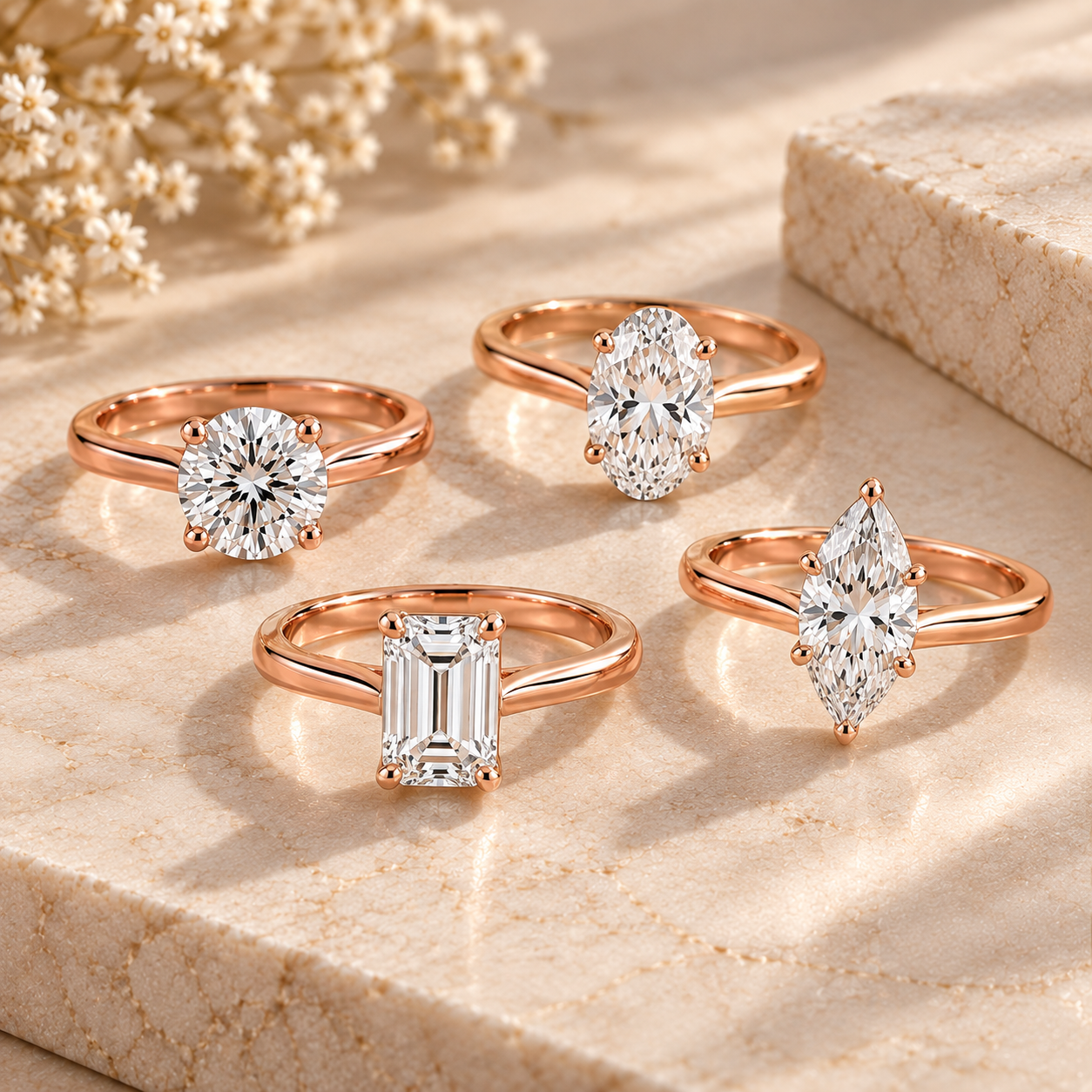 Round oval emerald and marquise diamonds in rose gold rings