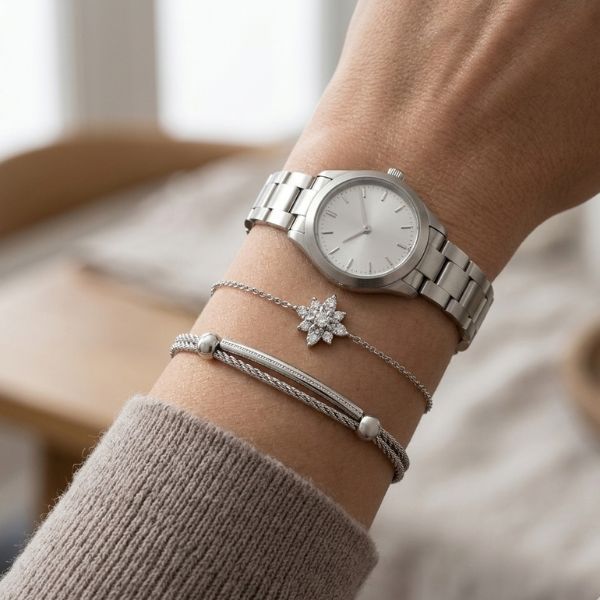 Diamond friendship bracelet styled beside a watch and fine bracelets