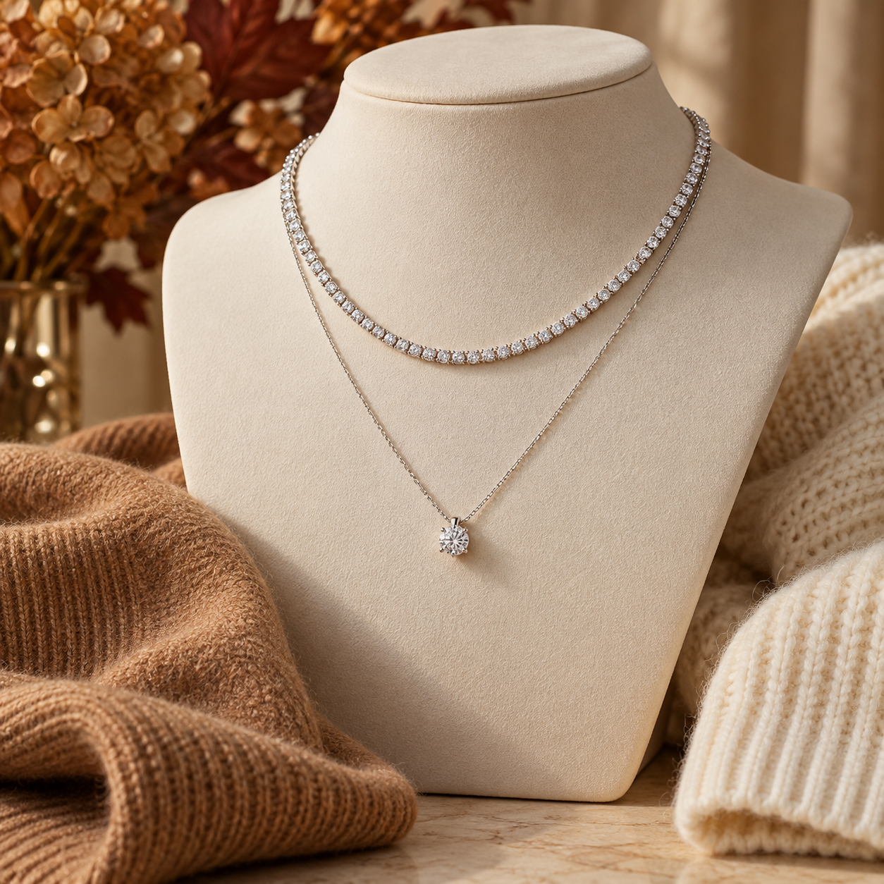 Diamond pendant and tennis necklace styled for autumn outfits