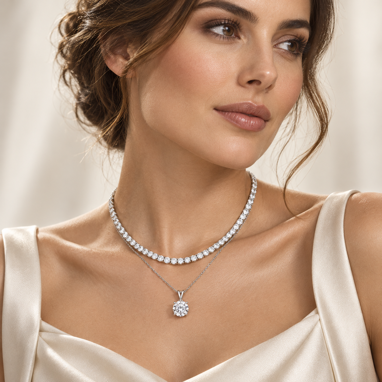 Side by side comparison of a solitaire diamond pendant and diamond tennis necklace