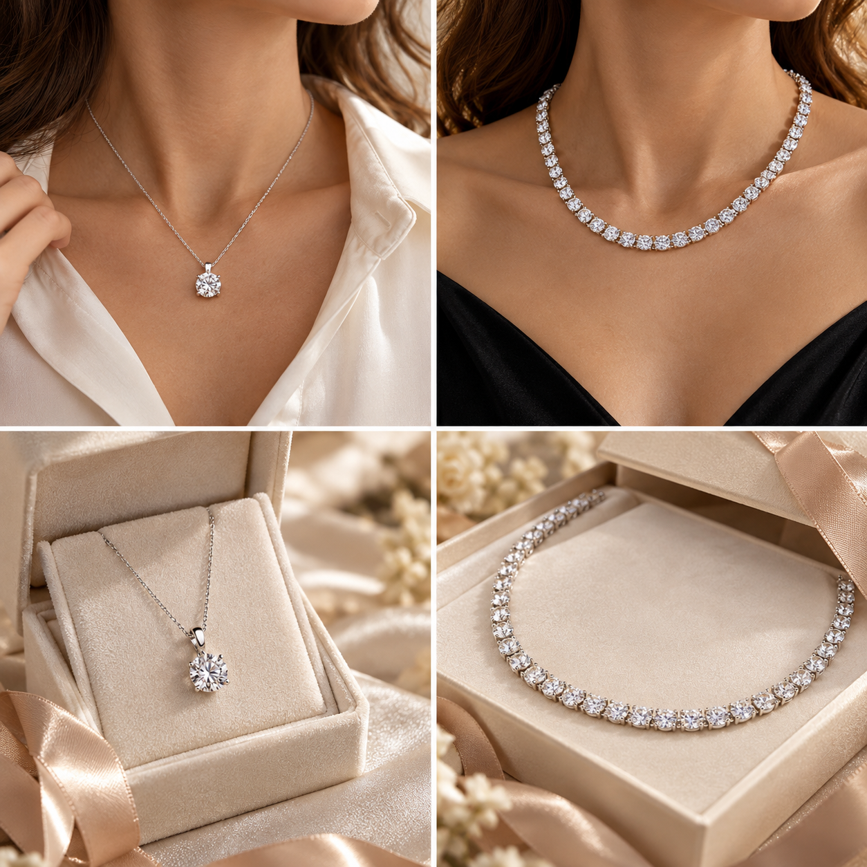 Diamond pendant and diamond tennis necklace shown for everyday wear, special occasions and luxury gift ideas