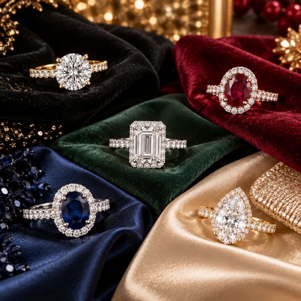 Diamond rings styled with black red green navy and neutral Christmas party outfits