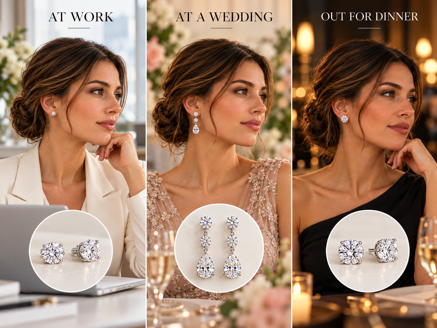 Editorial collage showing diamond stud earrings and diamond drop earrings styled for work, weddings and evening dinner looks