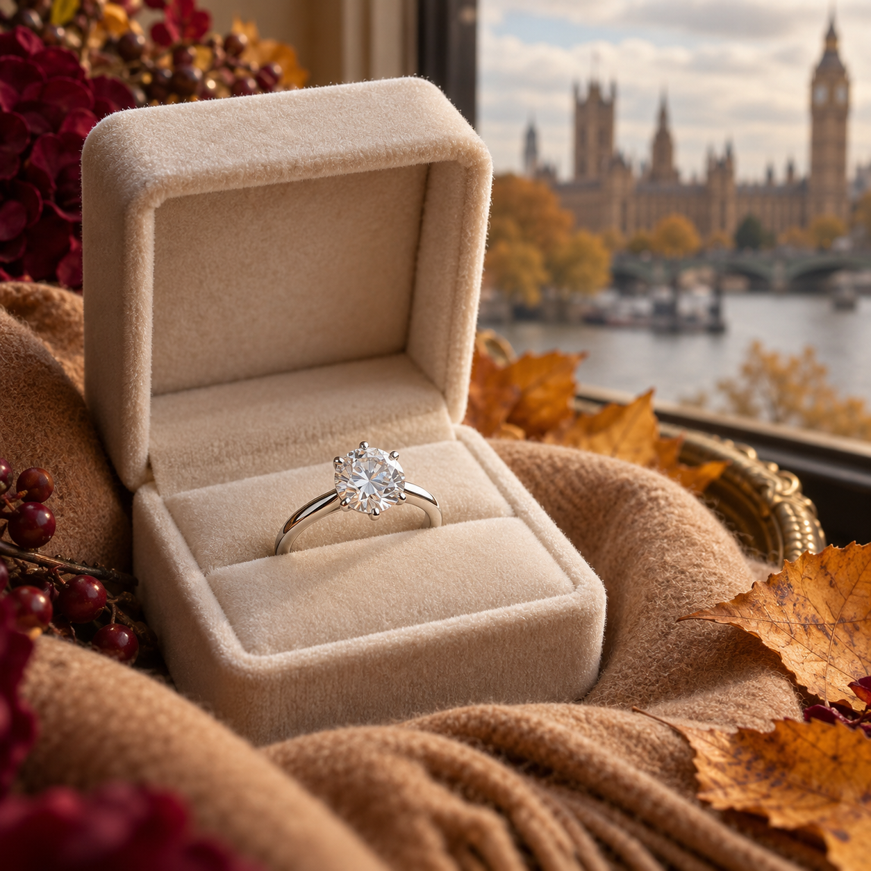 Diamond engagement ring ready for an autumn proposal in London
