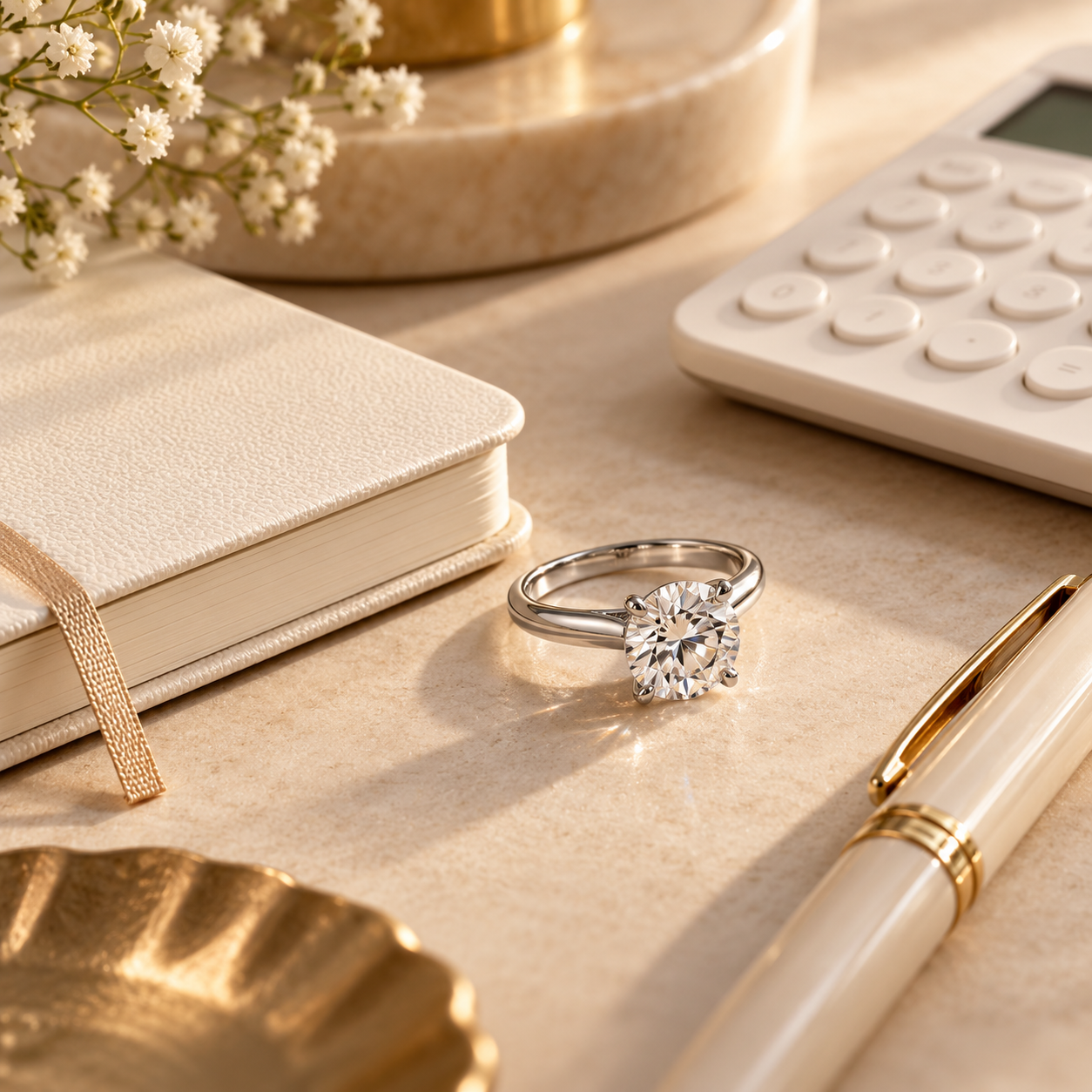 Platinum diamond engagement ring beside a notebook and calculator illustrating engagement ring finance and monthly payment planning in the UK