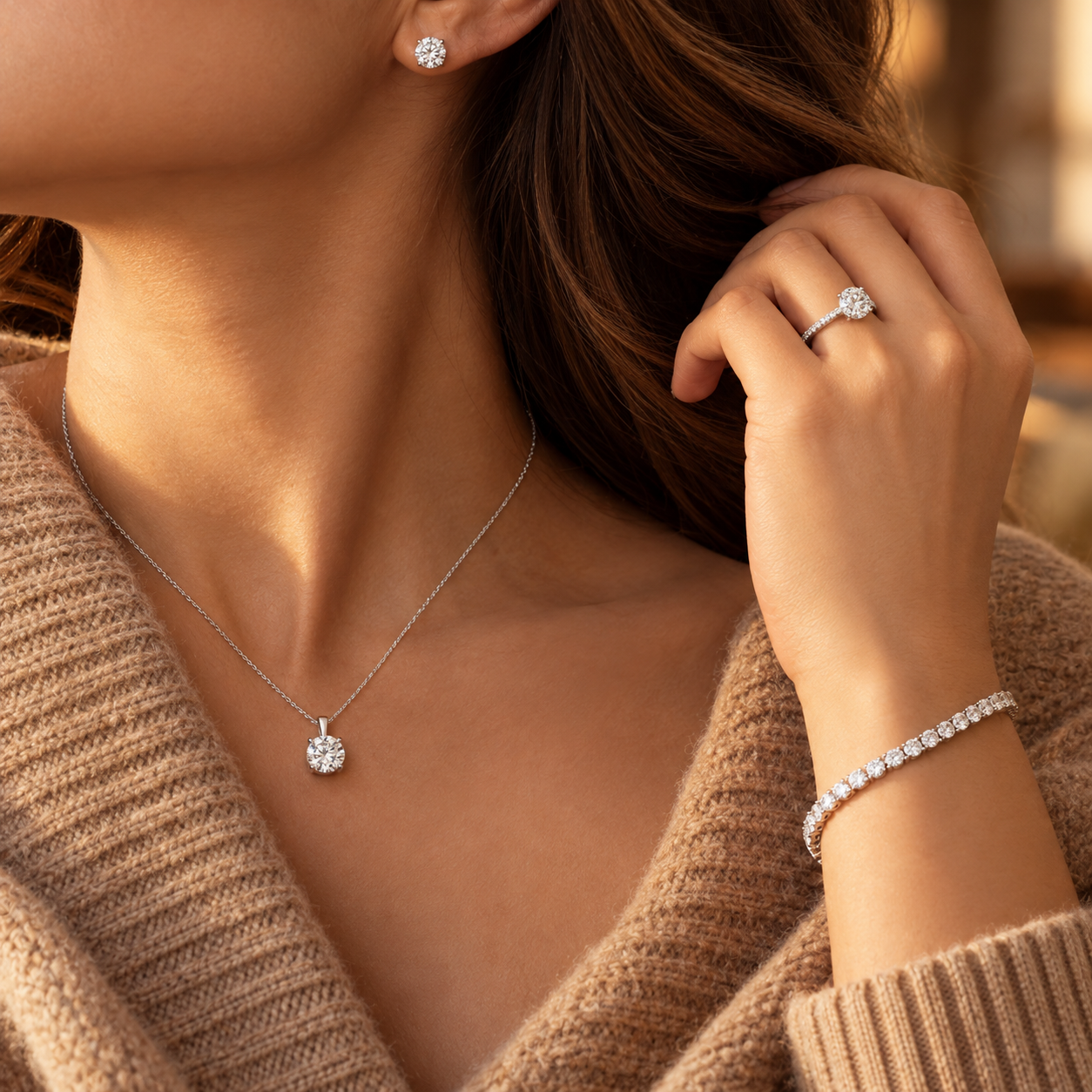 Diamond jewellery styled with elegant everyday autumn clothing
