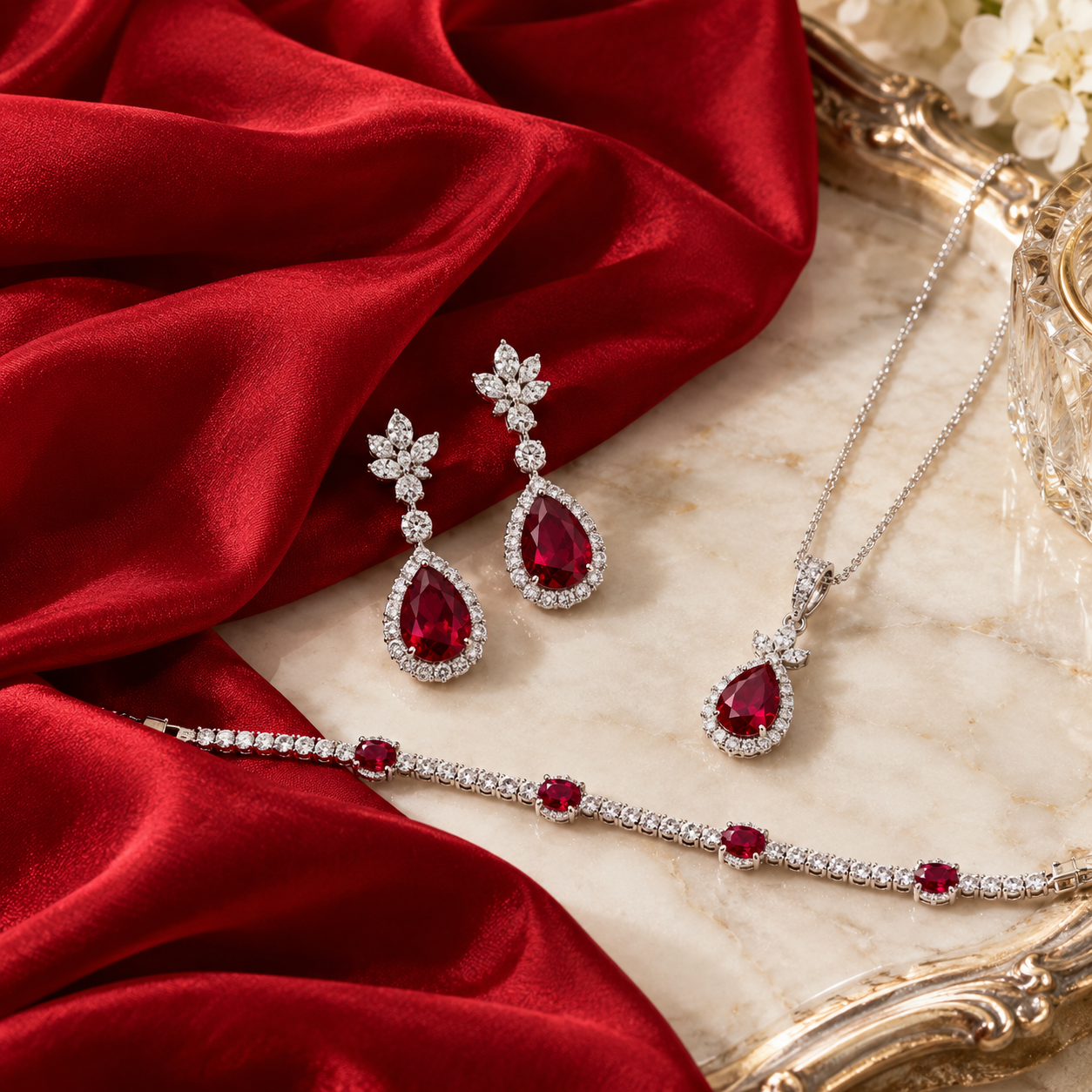 Ruby and diamond jewellery styled with an elegant red evening outfit