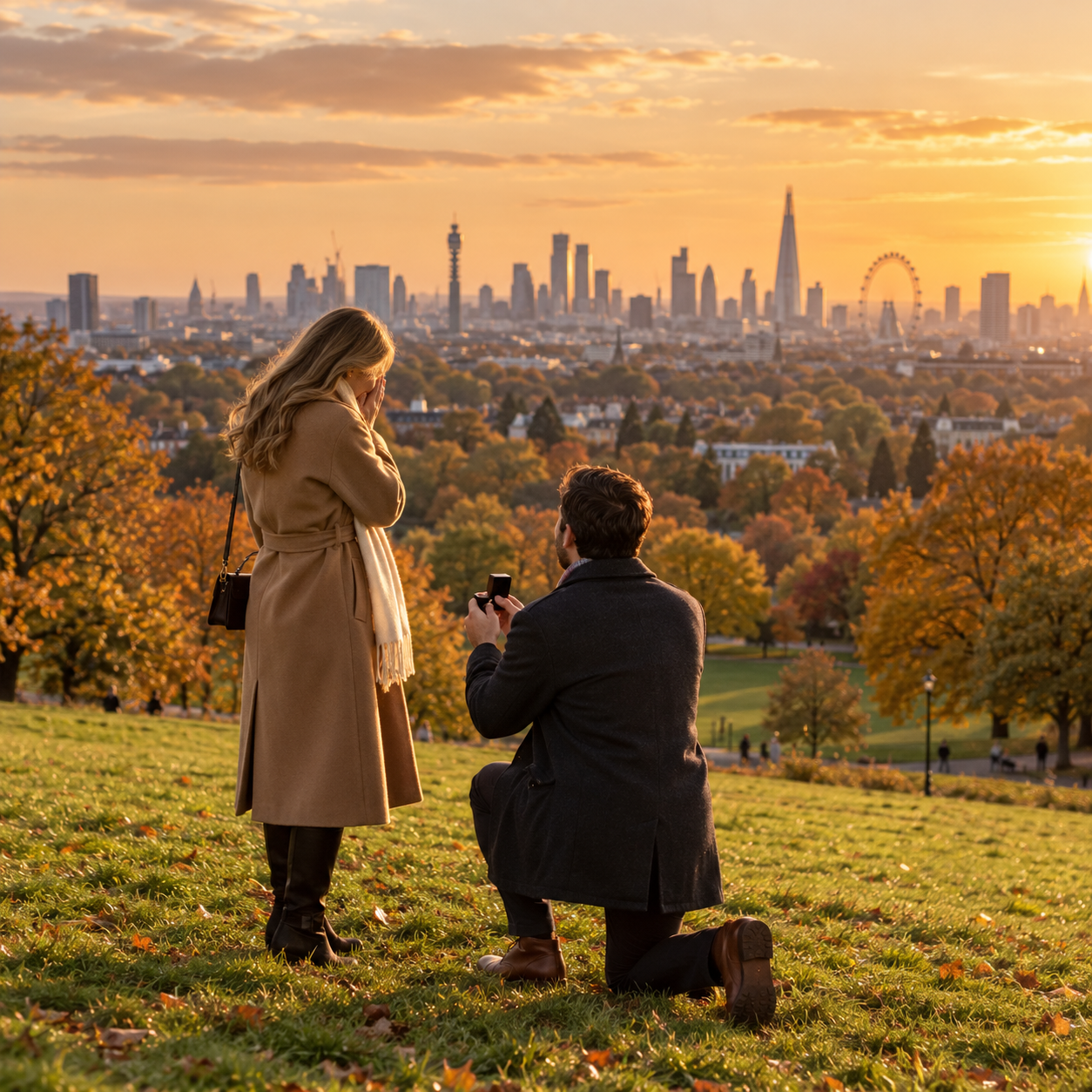 Romantic autumn proposal at Primrose Hill with London skyline views at sunset