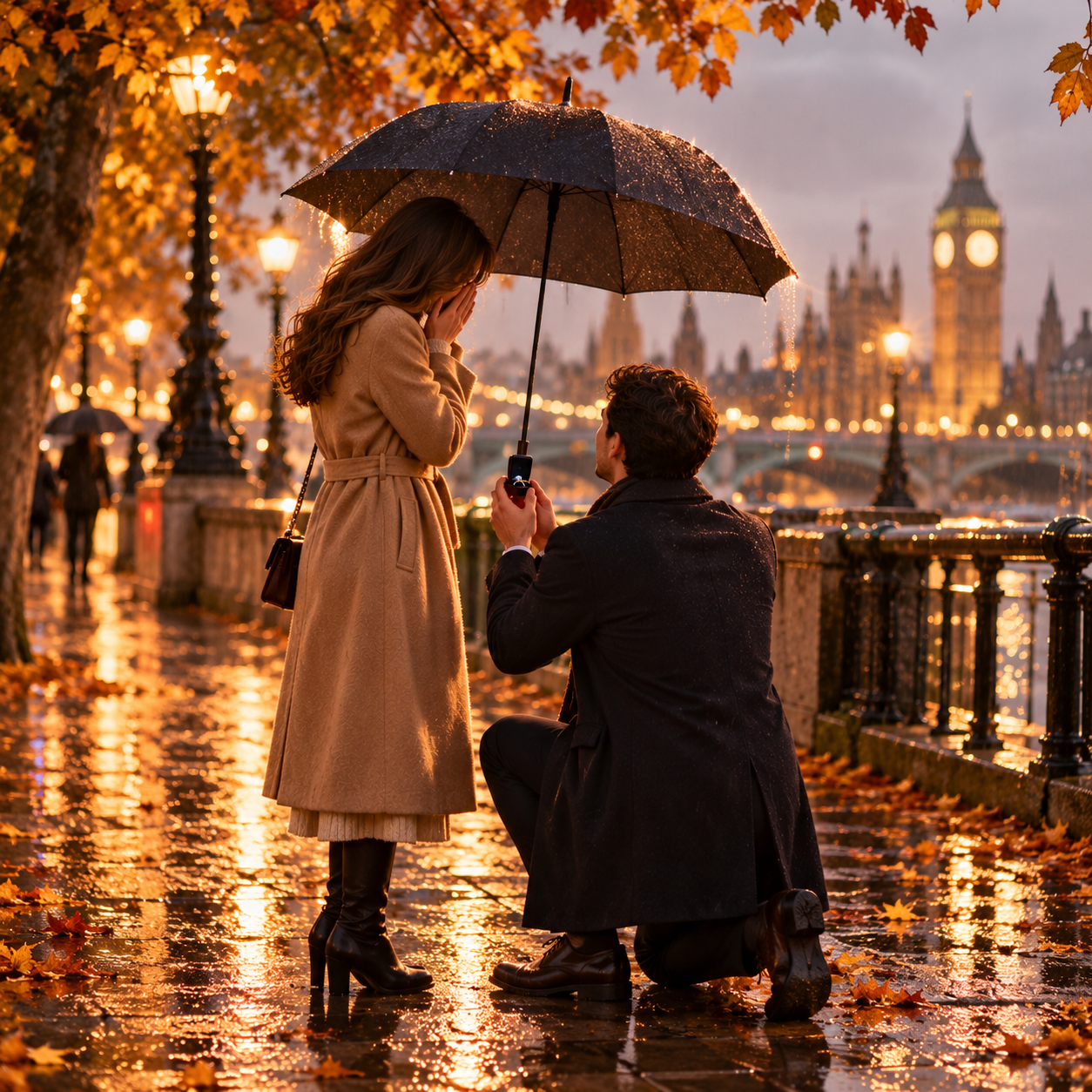 Romantic rainy autumn proposal in London with umbrella