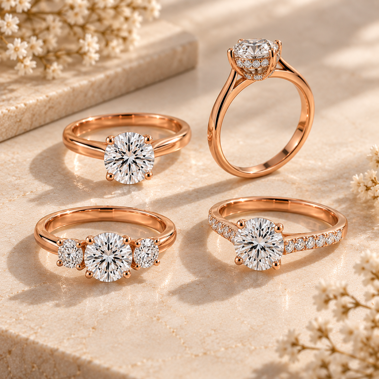 Rose gold solitaire halo trilogy and diamond shoulder ring settings