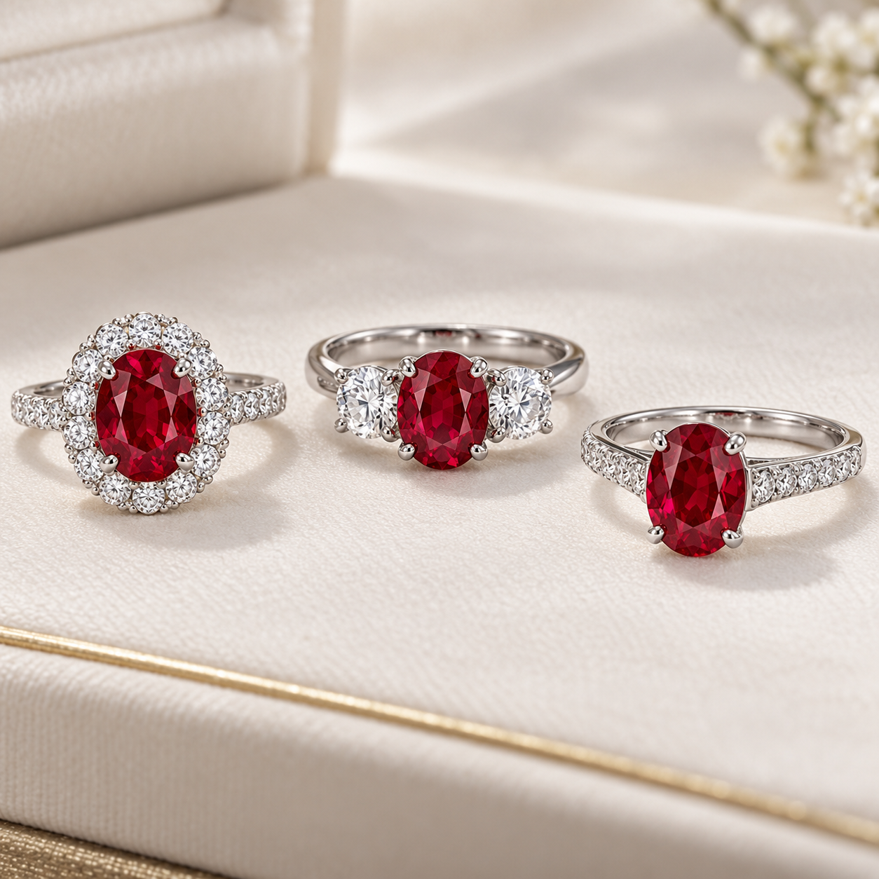 Ruby and diamond engagement rings in elegant halo and three stone designs
