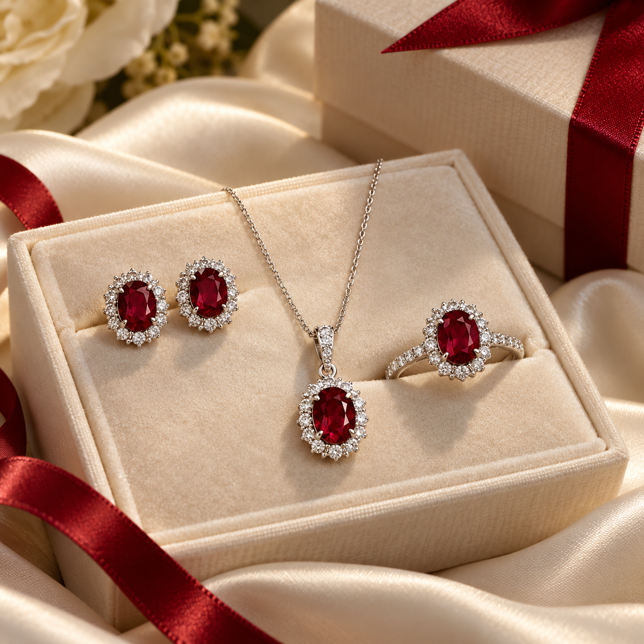 Ruby July birthstone jewellery gift with ruby earrings and pendant