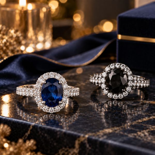 Sapphire and diamond ring with black diamond ring for Christmas evening styling