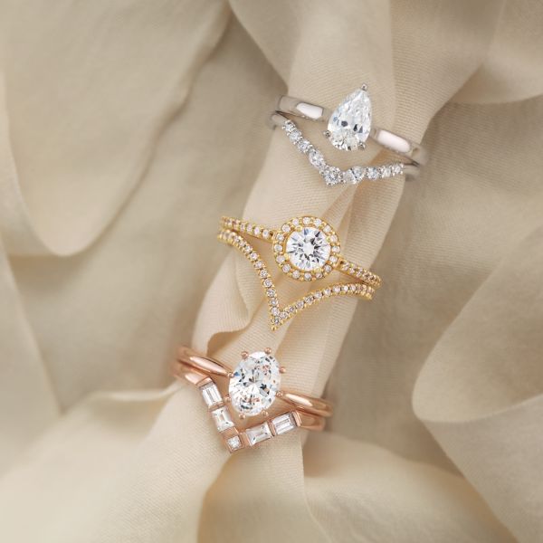Shaped wedding rings paired with different engagement ring styles — Sunshine Diamonds UK