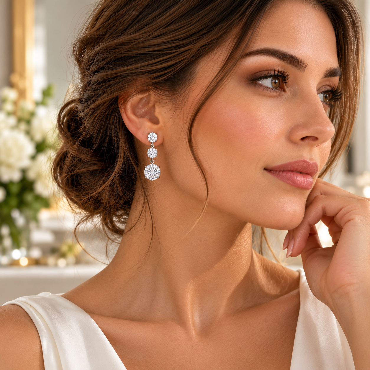 Woman wearing elegant three-stone diamond drop earrings in white gold with round brilliant-cut diamonds, styled for weddings and special occasions
